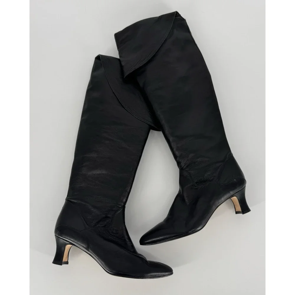 Vintage Vera Cruz Black Leather Thigh High Boots 80s Slouchy Kitten Heel Size 6